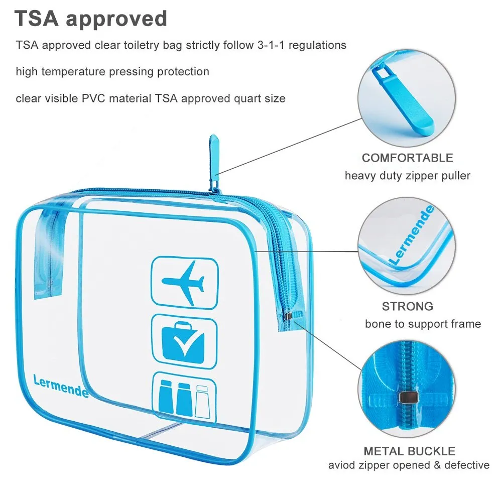 3pcs Lermende Clear Makeup Bag, TSA Approved Toiletry Bag & Cosmetic Bag for Women With Zipper Handles, Quart Size Carry On Clear Make up Bags Airport Compliant Toiletries For Travel - Blue
