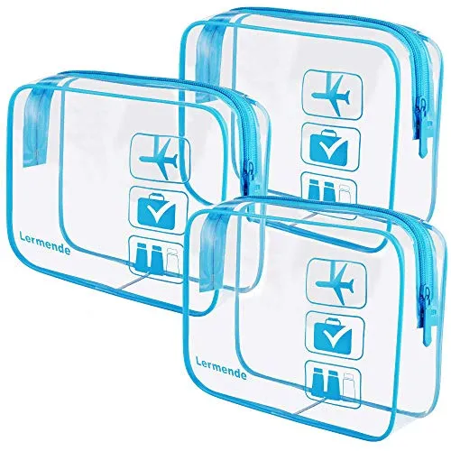 3pcs Lermende Clear Makeup Bag, TSA Approved Toiletry Bag & Cosmetic Bag for Women With Zipper Handles, Quart Size Carry On Clear Make up Bags Airport Compliant Toiletries For Travel - Blue
