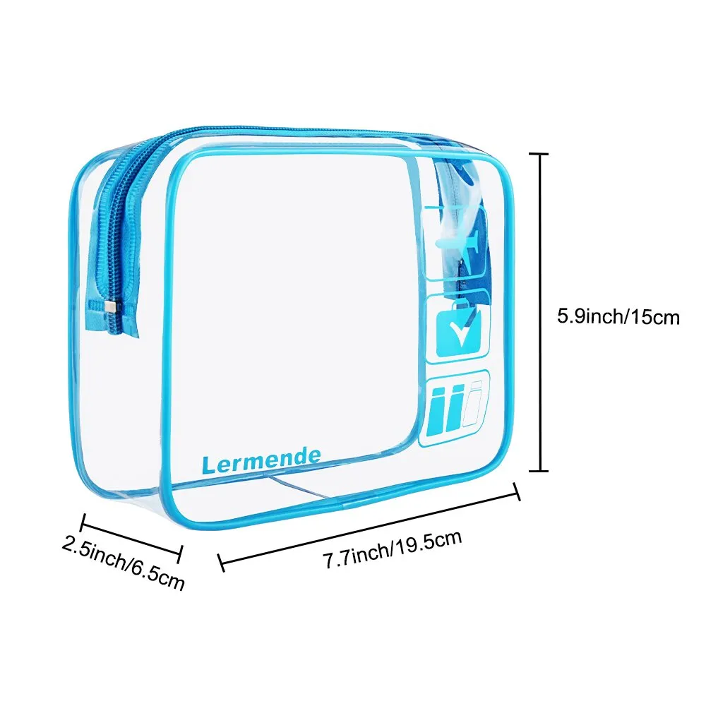 3pcs Lermende Clear Makeup Bag, TSA Approved Toiletry Bag & Cosmetic Bag for Women With Zipper Handles, Quart Size Carry On Clear Make up Bags Airport Compliant Toiletries For Travel - Blue