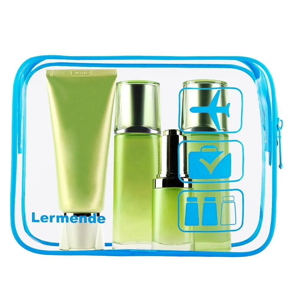 3pcs Lermende Clear Makeup Bag, TSA Approved Toiletry Bag & Cosmetic Bag for Women With Zipper Handles, Quart Size Carry On Clear Make up Bags Airport Compliant Toiletries For Travel - Blue