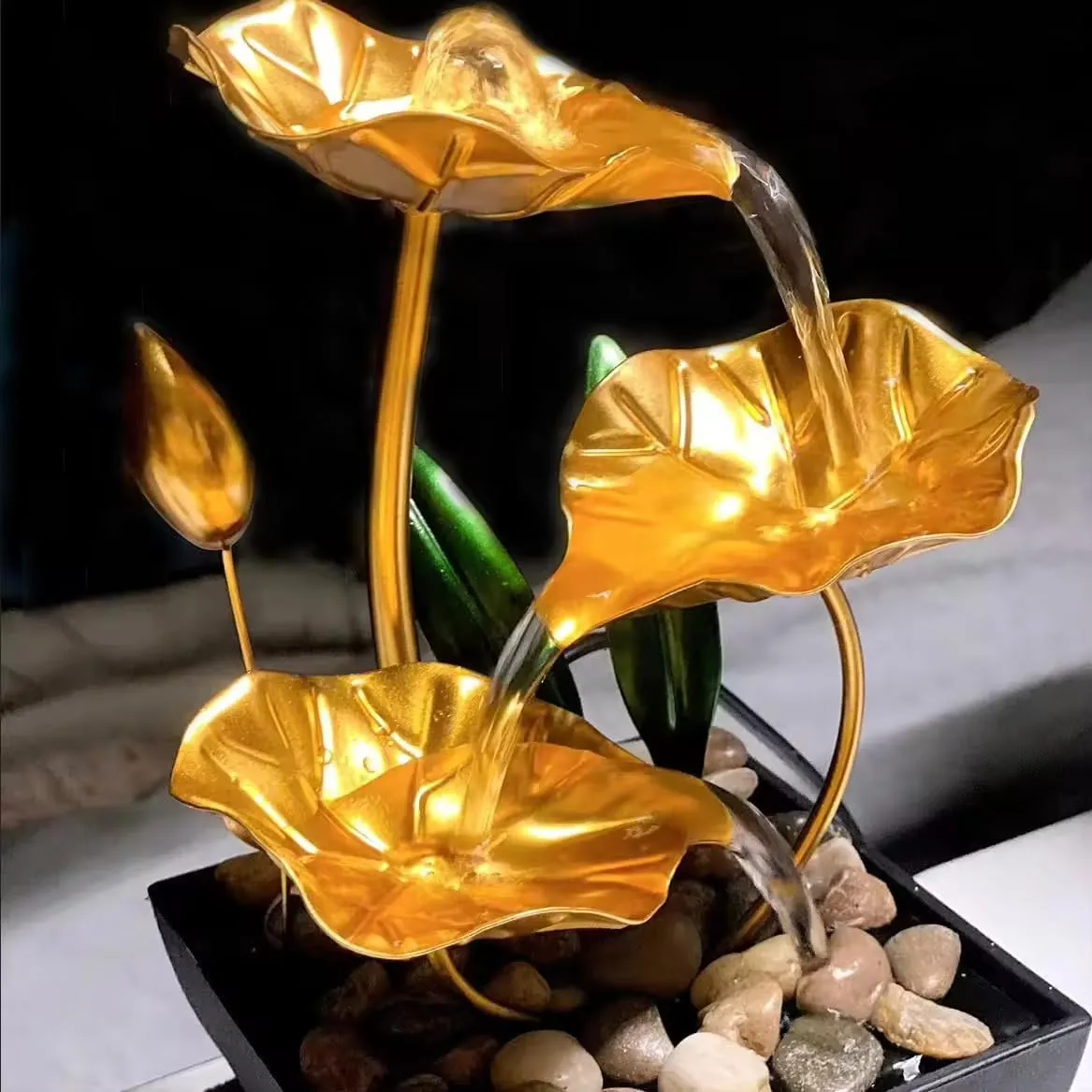 4MYL Metal Tabletop Water Fountain, Home Decor Ornaments with Waterfall Desktop Leaf Fountains, Deep Basin & Natural River Rocks Indoor Zen Relaxation for Office, Living Room, Bedroom Decor for Gift