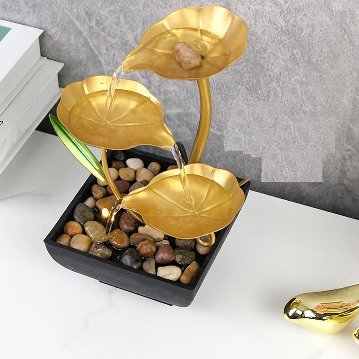 4MYL Metal Tabletop Water Fountain, Home Decor Ornaments with Waterfall Desktop Leaf Fountains, Deep Basin & Natural River Rocks Indoor Zen Relaxation for Office, Living Room, Bedroom Decor for Gift