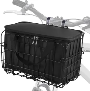 Aodaer Bike Basket with Removable Liner Bag Cargo Net Large Folding Bike Basket Quick Release Metal Ebike Basket Bicycle Storage Basket for Carrying Fruit & Grocery Pets Dogs