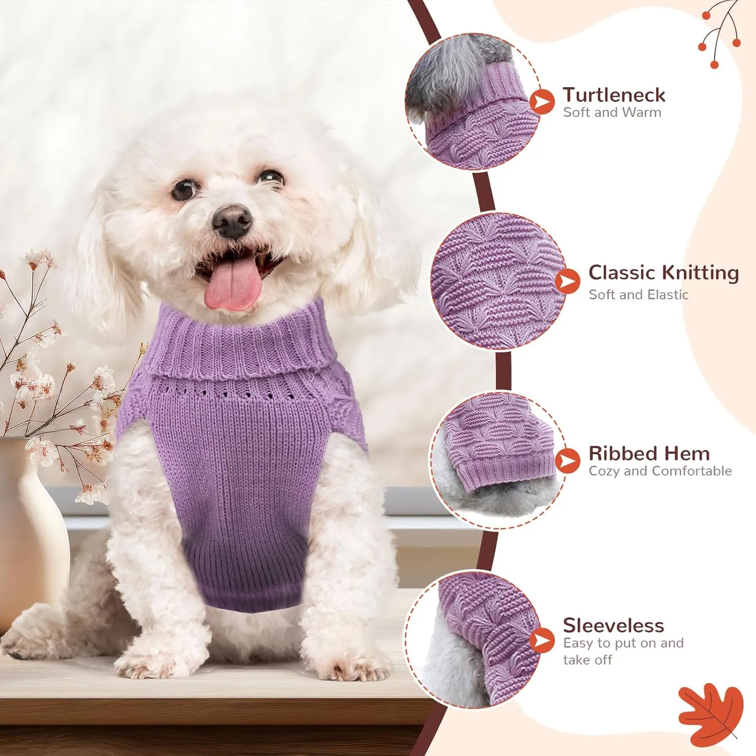 BAEJMJK Small Dog Sweater Turtleneck Vest - Warm Knitted Clothes for Small Medium Dogs, Cats - Fall Winter Puppy Knitwear Pullover for Girl Boy Pets (Purple, Medium)