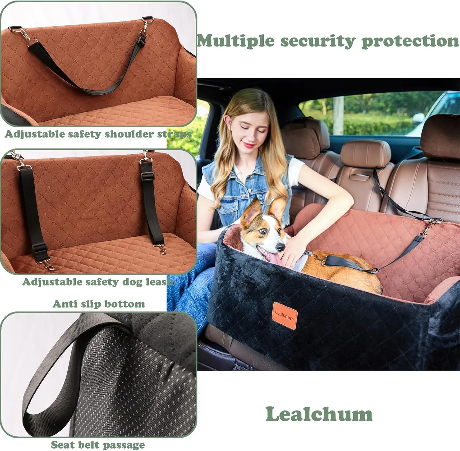 Dog Car Seat for Large Size Dog,Soft Fabric Car Dog Bed Filling Memory Foam,2 Clip-On Safety Leashs and 2 Pockets,Removable and Washable Comfy Pet Car Seat(Black/Brown, Large)