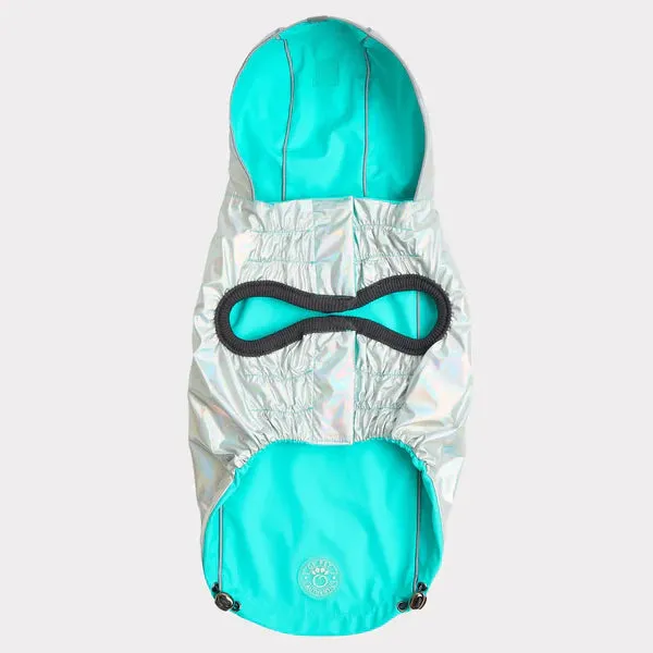 Dog Rain Coat - Reversible Aqua Blue and Iridescent