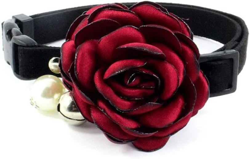 Everflowering Rose Flower Cat Dog Collar Bow Tie - Suede Puppy Necklace with Bell - Chihuahua Yorkie Girl Clothes Costume Outfits Accessory, Adjustable and Handmade (Red, Size S)