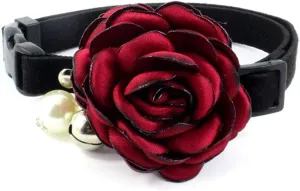 Everflowering Rose Flower Cat Dog Collar Bow Tie - Suede Puppy Necklace with Bell - Chihuahua Yorkie Girl Clothes Costume Outfits Accessory, Adjustable and Handmade (Red, Size S)