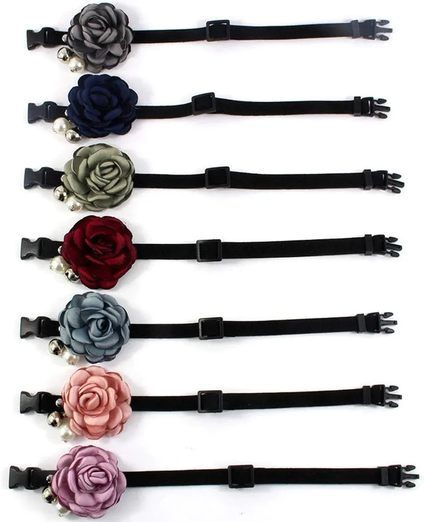 Everflowering Rose Flower Cat Dog Collar Bow Tie - Suede Puppy Necklace with Bell - Chihuahua Yorkie Girl Clothes Costume Outfits Accessory, Adjustable and Handmade (Red, Size S)