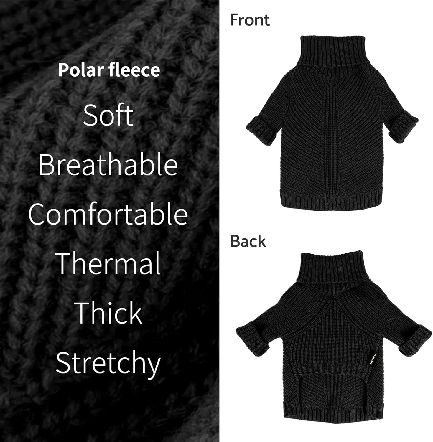 Fitwarm Dog Turtleneck Sweater, Thermal Knitted Pet Coat, Dog Winter Clothes for Small Dogs, French Bulldog Apparel, Black, Large