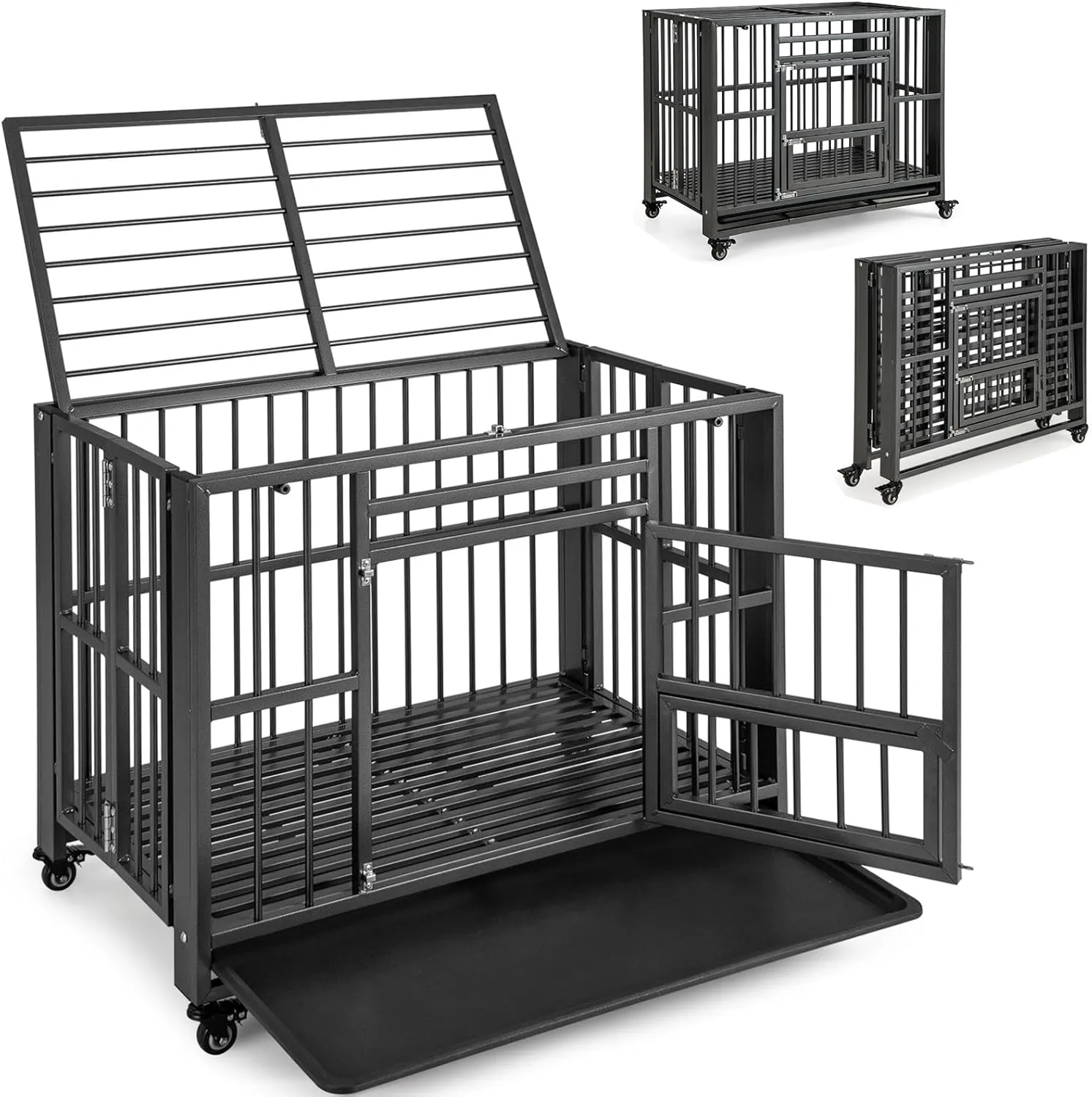 Giantex Foldable Metal Dog Crate - Heavy Duty Dog Cage with Top and Front Doors, Feeding Access, Removable Tray, Lockable Wheels, Chew Proof Dog Kennel Indoor Outdoor, 37''L x 23''W x 30''H, Black