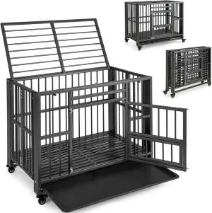 Giantex Foldable Metal Dog Crate - Heavy Duty Dog Cage with Top and Front Doors, Feeding Access, Removable Tray, Lockable Wheels, Chew Proof Dog Kennel Indoor Outdoor, 37''L x 23''W x 30''H, Black