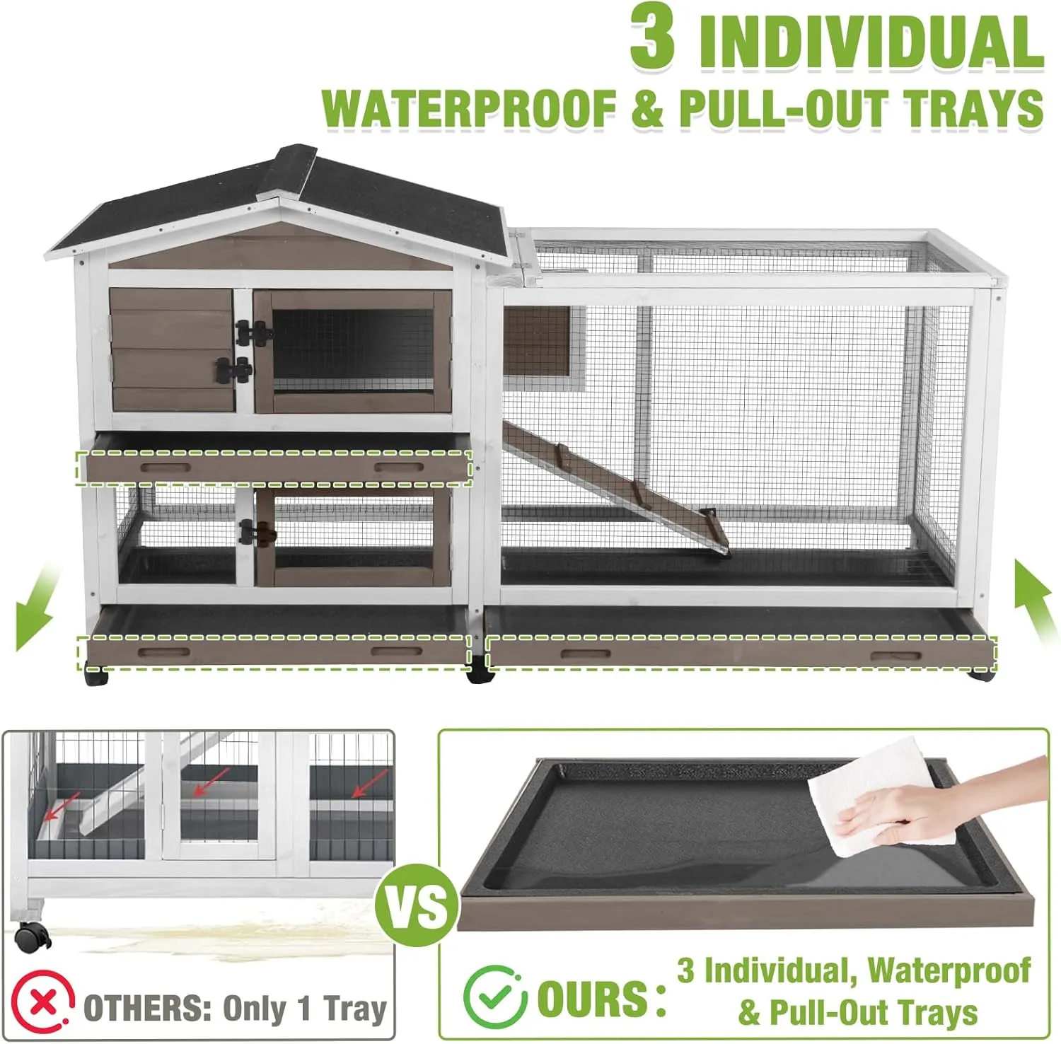 GUTINNEEN 2-Story Rabbit Hutch Indoor/Outdoor Bunny Cage with Chew-Proof Ramp - Guinea Pig Cage with 6 Locking Casters & 3 Pull-Out Trays, 62"