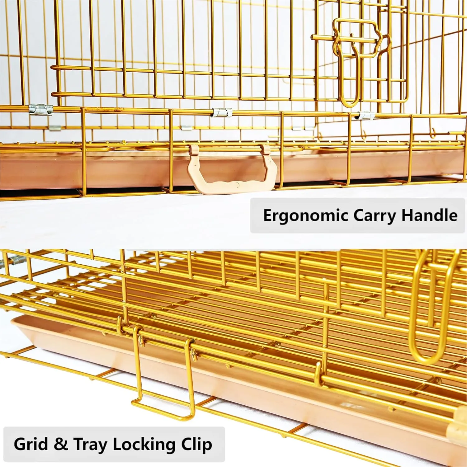 HOMEY PET 24" Gold Color Folding Design Dog Crate Puppy Ertra Small Breed Dog Kennels with Removable Floor Grid and Pull Out Tray, Dog Cage Copper Gold Finish