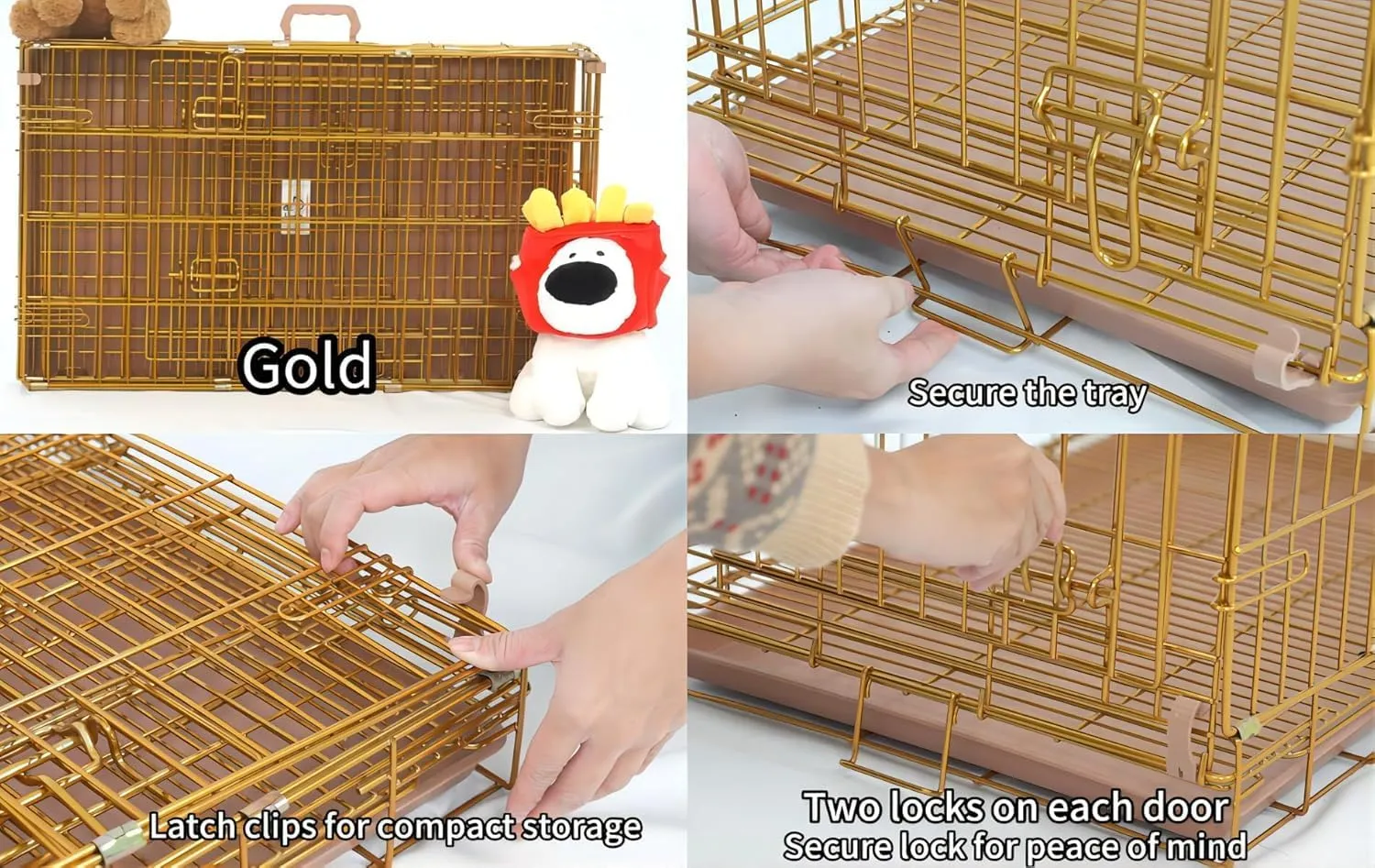 HOMEY PET 24" Gold Color Folding Design Dog Crate Puppy Ertra Small Breed Dog Kennels with Removable Floor Grid and Pull Out Tray, Dog Cage Copper Gold Finish