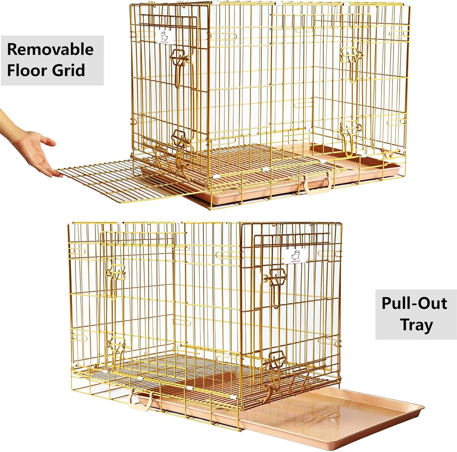 HOMEY PET 24" Gold Color Folding Design Dog Crate Puppy Ertra Small Breed Dog Kennels with Removable Floor Grid and Pull Out Tray, Dog Cage Copper Gold Finish