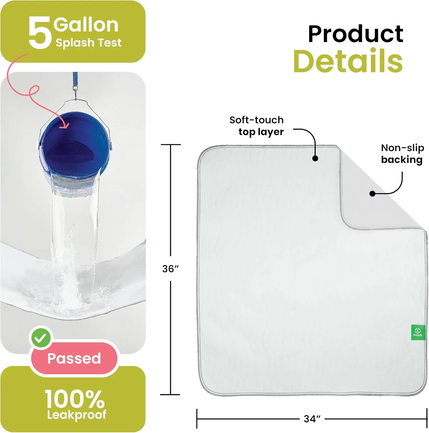 IMPROVIA Washable Underpads, Heavy Absorbency Reusable Incontinence Pads for Kids, Adults, Elderly, and Pets - Waterproof Protection Floor (White & White, 4 Pack - 34"x36")
