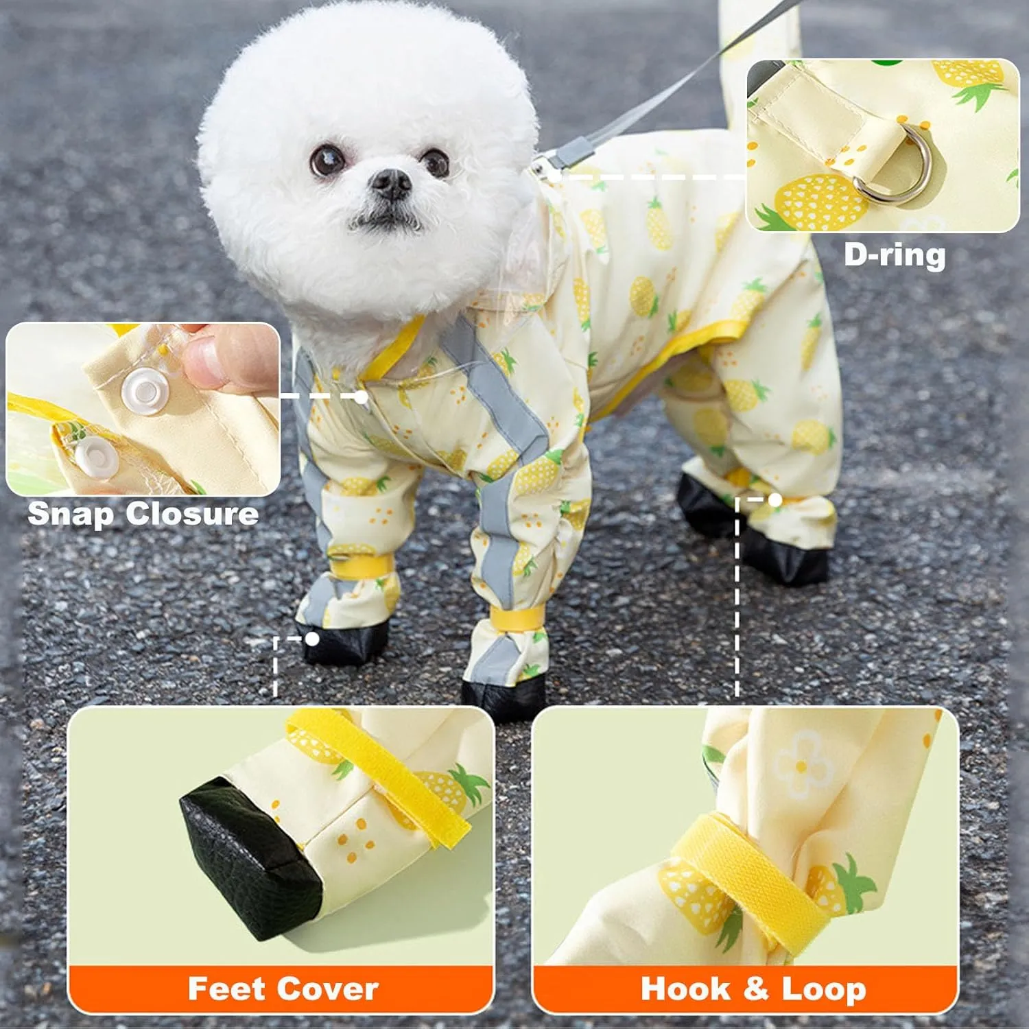 Junchl Small Dog Raincoat Rainboots with D-Ring, Full Coverage Dog Rain Jacket Slicker Poncho, Waterproof Dog Rain Jacket with Reflective Strip, Rainboot, Tail Cover Strawberry S