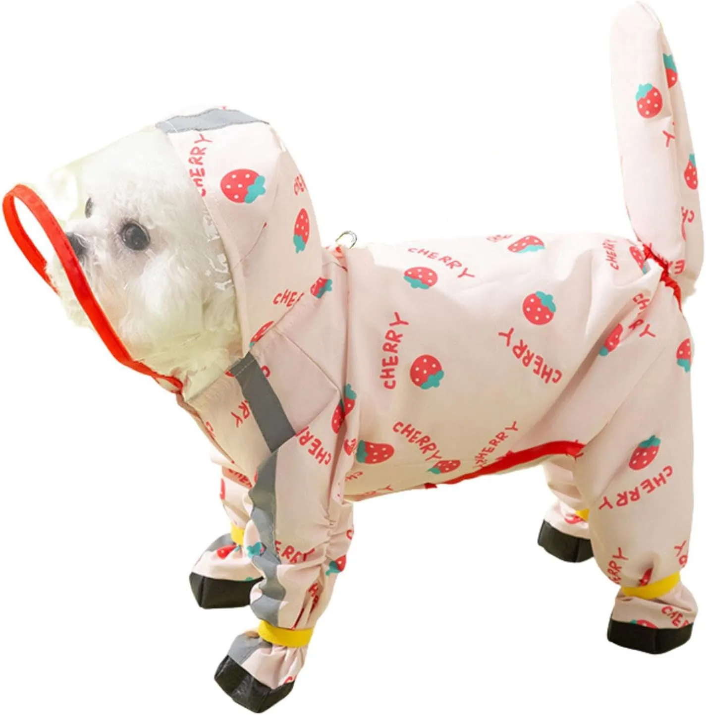 Junchl Small Dog Raincoat Rainboots with D-Ring, Full Coverage Dog Rain Jacket Slicker Poncho, Waterproof Dog Rain Jacket with Reflective Strip, Rainboot, Tail Cover Strawberry S