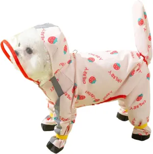Junchl Small Dog Raincoat Rainboots with D-Ring, Full Coverage Dog Rain Jacket Slicker Poncho, Waterproof Dog Rain Jacket with Reflective Strip, Rainboot, Tail Cover Strawberry S