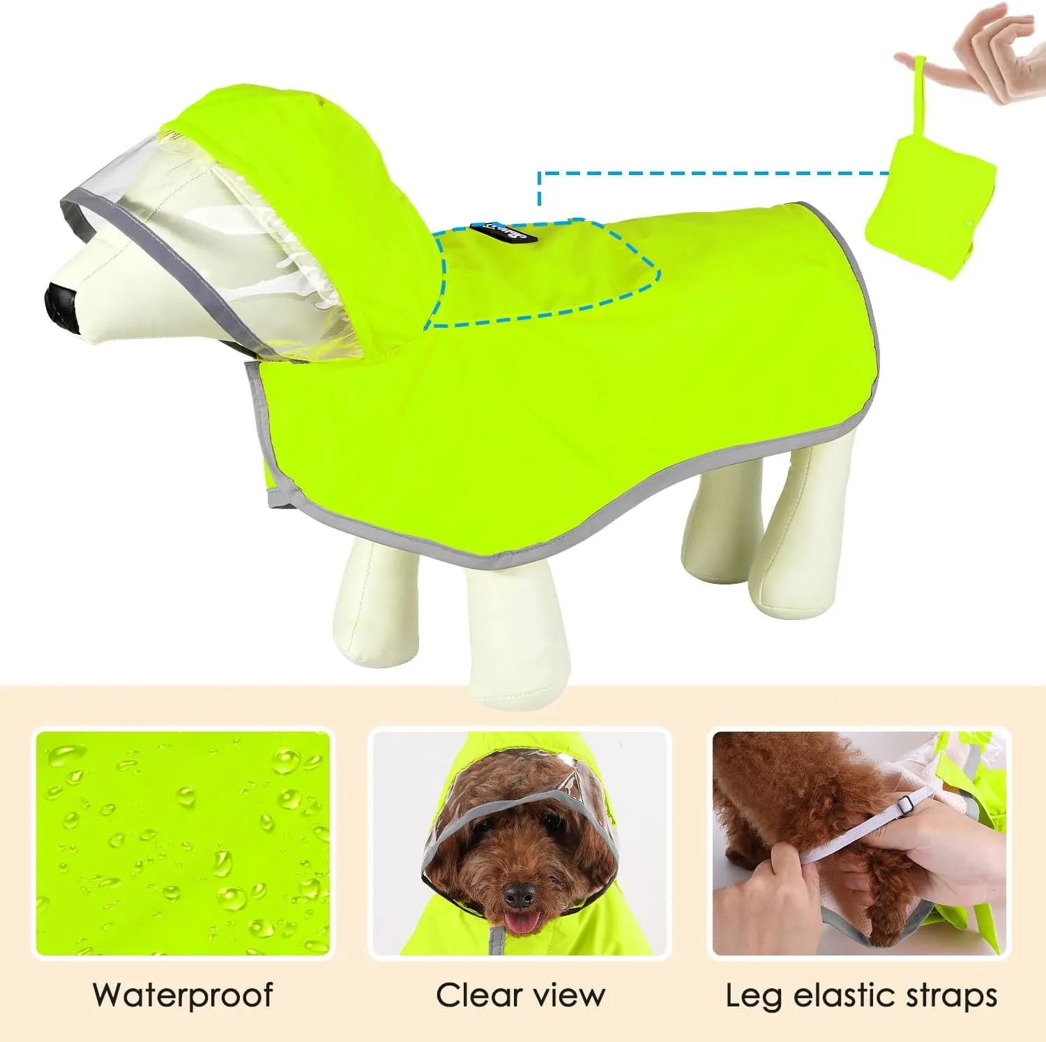 Lukovee Dog Raincoat, Adjustable Dog Rain Jacket with Clear Hooded Double Layer for Large Medium Small Dogs Puppies, Waterproof Rain Coat Poncho with Reflective Storage Pocket & Rim (Green, M)