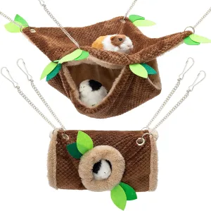Small Animal Hammock - Hanging Hammock & Tunnel Hideout for Guinea Pig Hamster Parrot Rat Chinchilla - Warm Swing Plush Cage Bed Washable Pet Hammock with 5.9" Chian