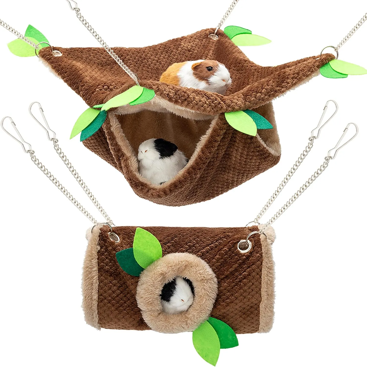 Small Animal Hammock - Hanging Hammock & Tunnel Hideout for Guinea Pig Hamster Parrot Rat Chinchilla - Warm Swing Plush Cage Bed Washable Pet Hammock with 5.9" Chian