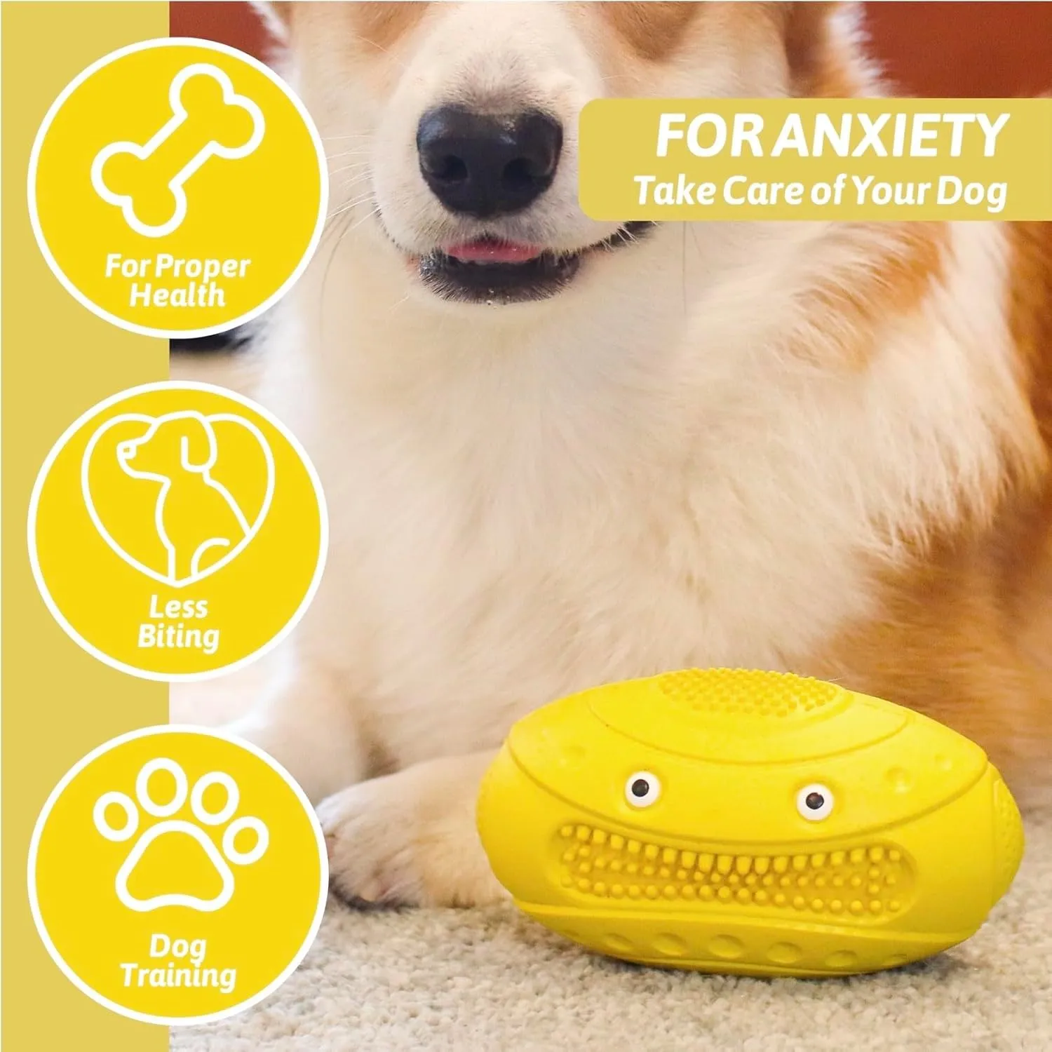 Squeaky Dog Chew Toy for Aggressive Chewers - Durable Interactive Teething Football for Better Dental Health(Yellow, Monster)