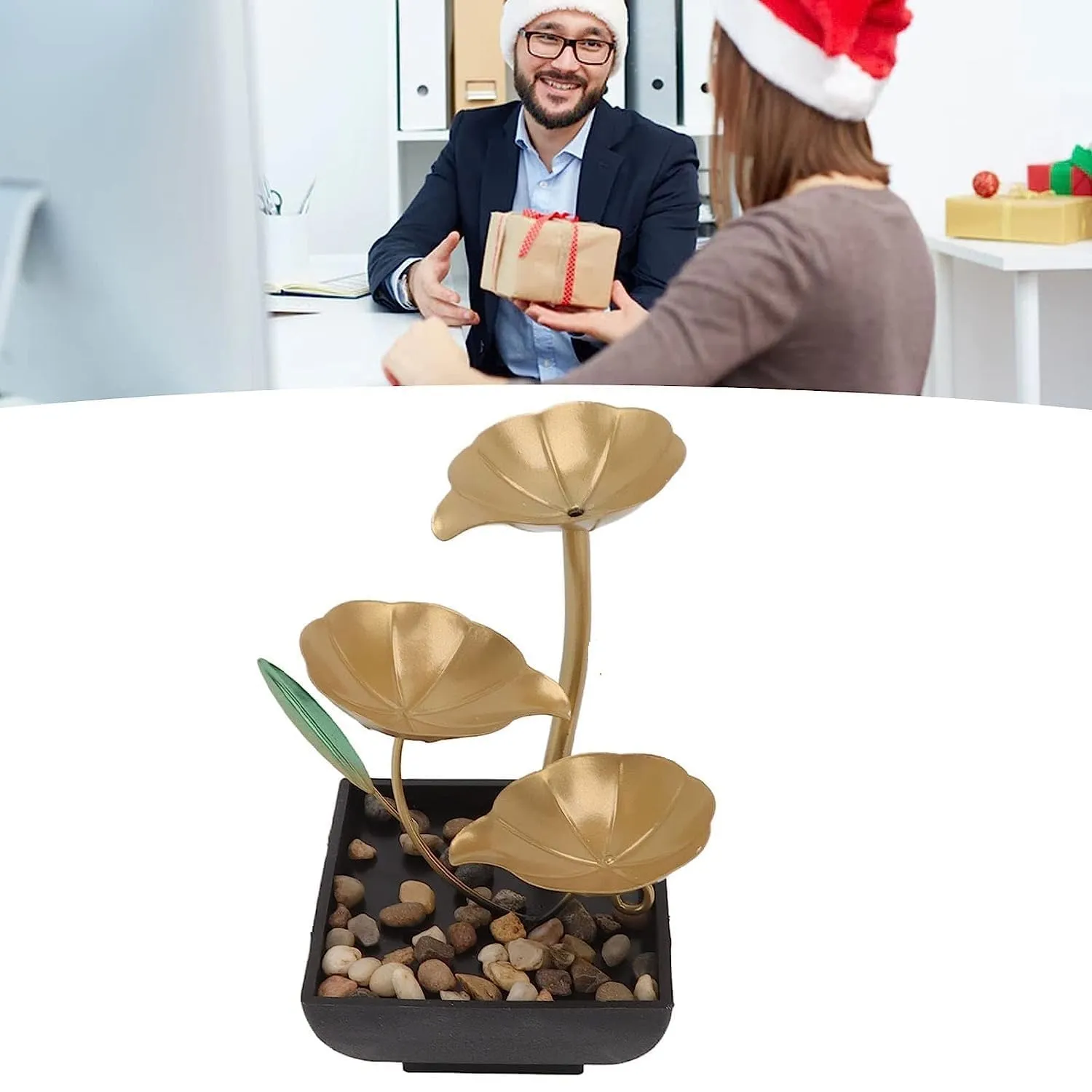 ZAEGO Metal Tabletop 3-Tier Water Fountain,Home Decor Ornaments with Waterfall Desktop Leaf Fountains,Deep Basin & Natural River Rocks.Indoor Zen Relaxation for Living Room,Bedroom.