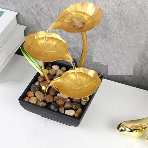 ZOMBIO 3-Tier Metal Tabletop Water Fountain for Home Decor Living Room Indoor Waterfall Desktop Leaf Fountains for Office Table Relaxation Fountain with Natural Stones(1pcs)