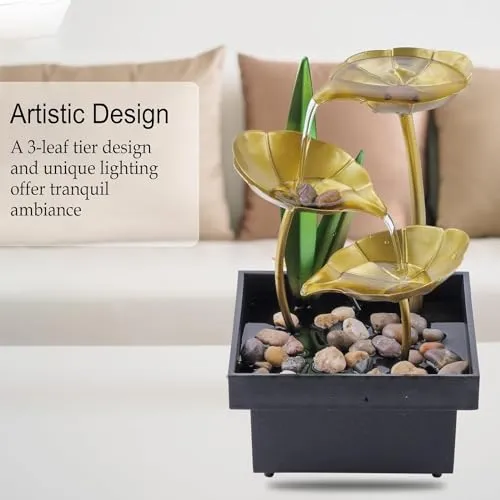 ZOMBIO 3-Tier Metal Tabletop Water Fountain for Home Decor Living Room Indoor Waterfall Desktop Leaf Fountains for Office Table Relaxation Fountain with Natural Stones(1pcs)