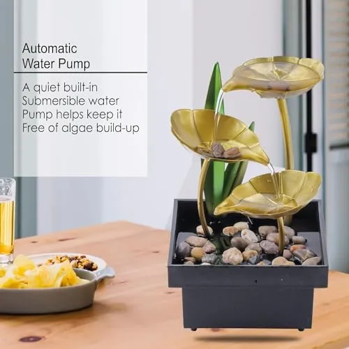 ZOMBIO 3-Tier Metal Tabletop Water Fountain for Home Decor Living Room Indoor Waterfall Desktop Leaf Fountains for Office Table Relaxation Fountain with Natural Stones(1pcs)
